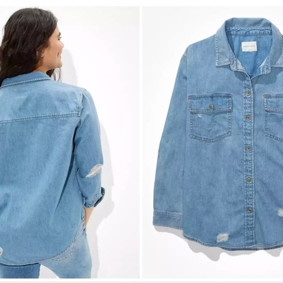 Oversized distressed jean jacket/ denim flannel - Picture 2 of 7